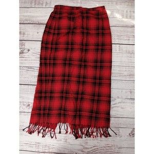 Requirement Midi Skirt Women's 10 Red Black Wool Blend  Plaid Fringe Hem Pencil
